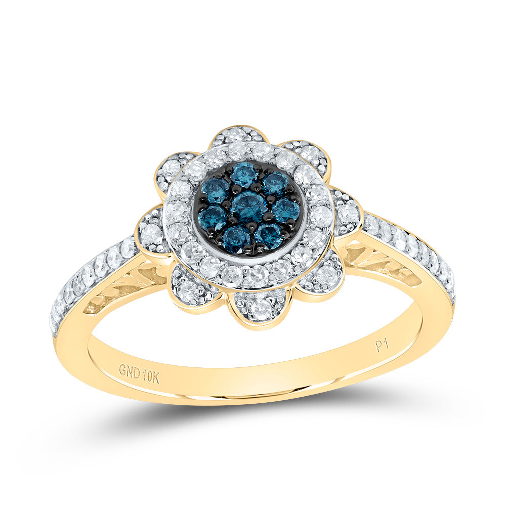 3/8Ctw-Dia P1 Gift Blue Diamond Flower Ring (2.92 grams)