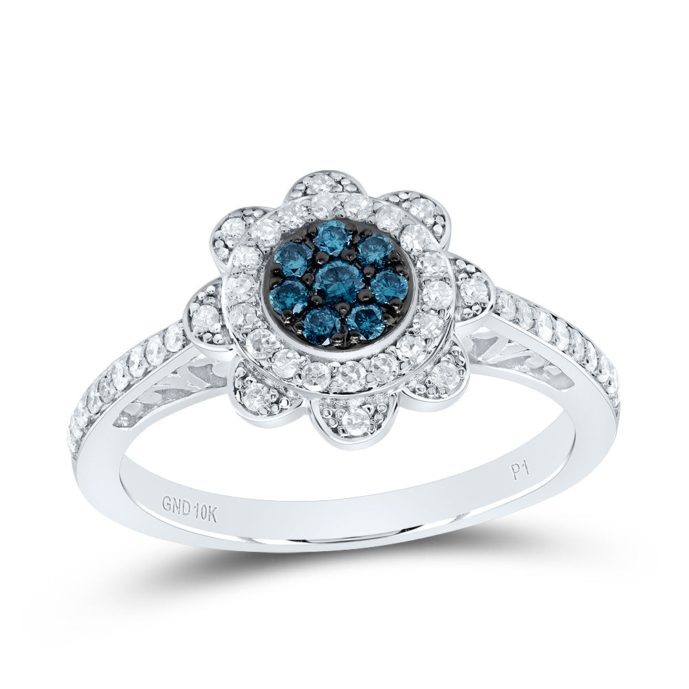 3/8Ctw-Dia P1 Gift Blue Diamond Flower Ring (2.92 grams)