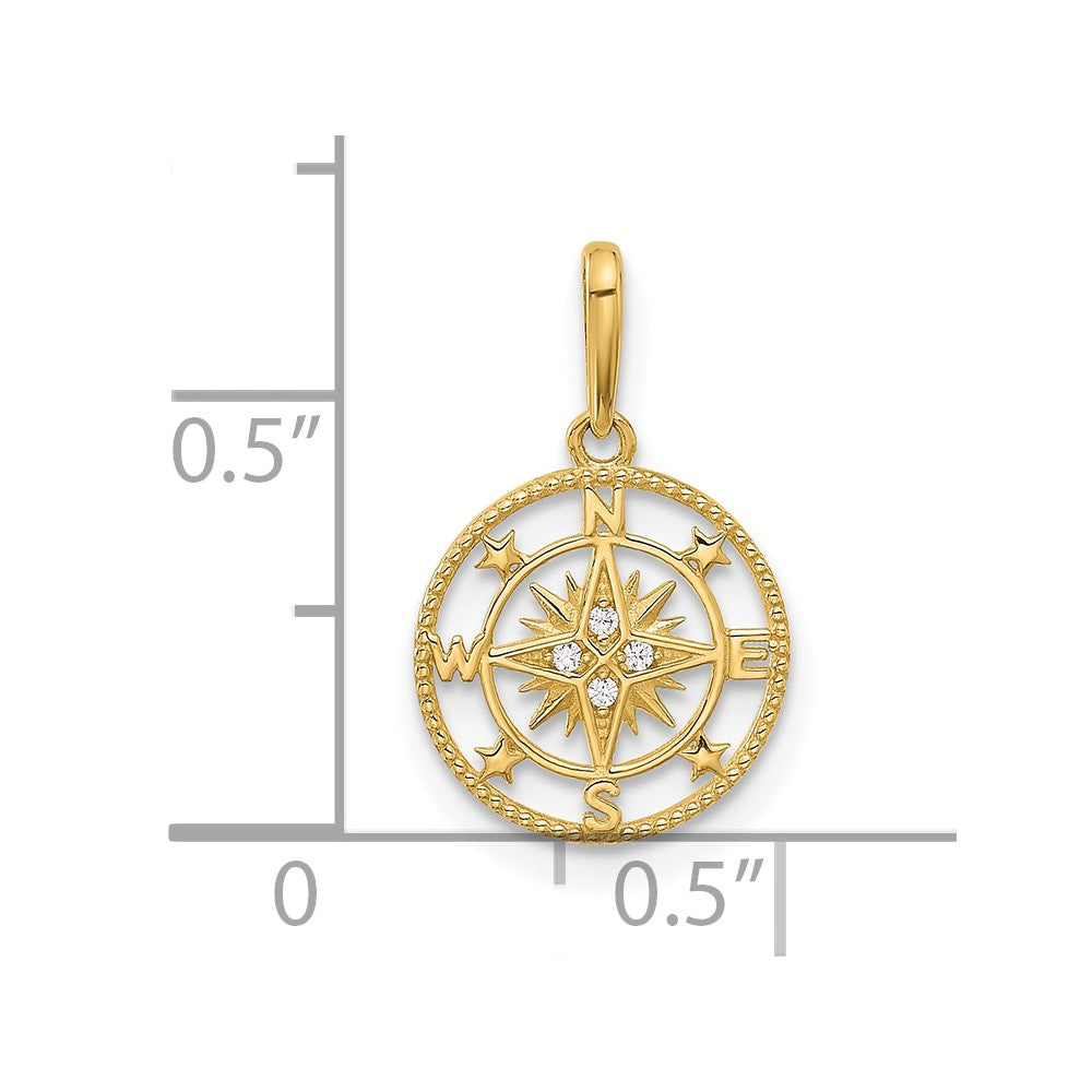 14k Yellow Gold 11.4 mm Polished CZ Cubic Zirconia Compass Pendant (0.5 grams)