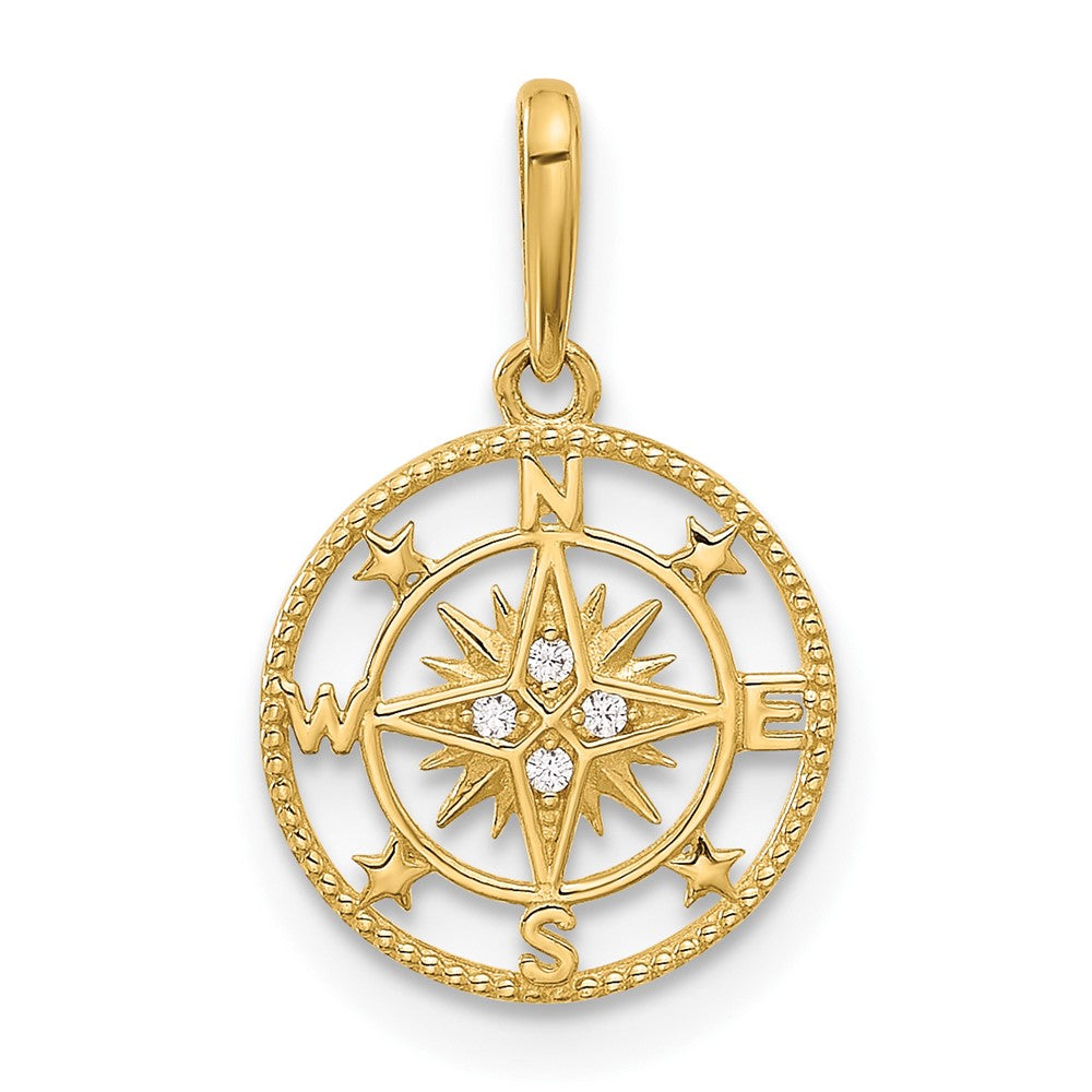 14k Yellow Gold 11.4 mm Polished CZ Cubic Zirconia Compass Pendant (0.5 grams)