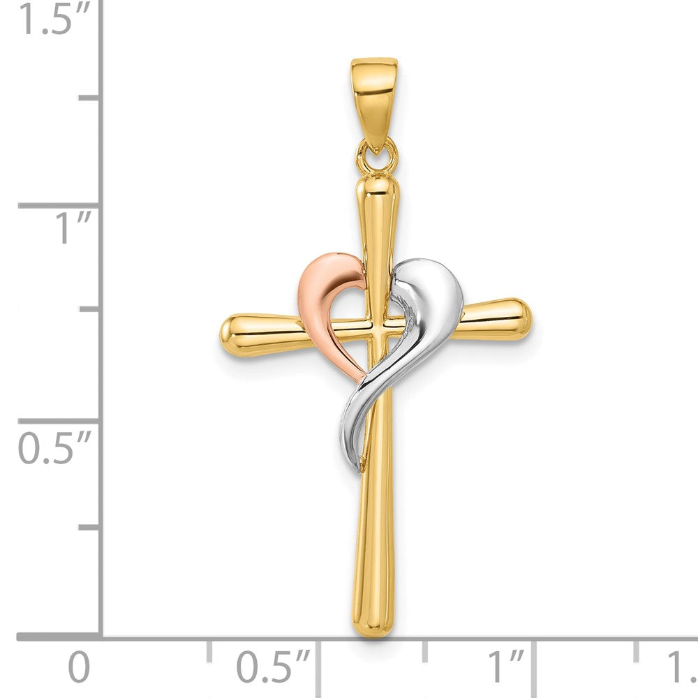 14k Two-tone 18.7 mm Polished Cross with Heart Pendant (1.39 grams)