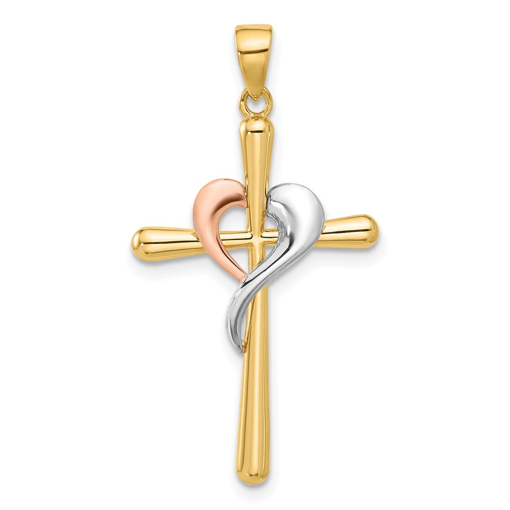 14k Two-tone 18.7 mm Polished Cross with Heart Pendant (1.39 grams)