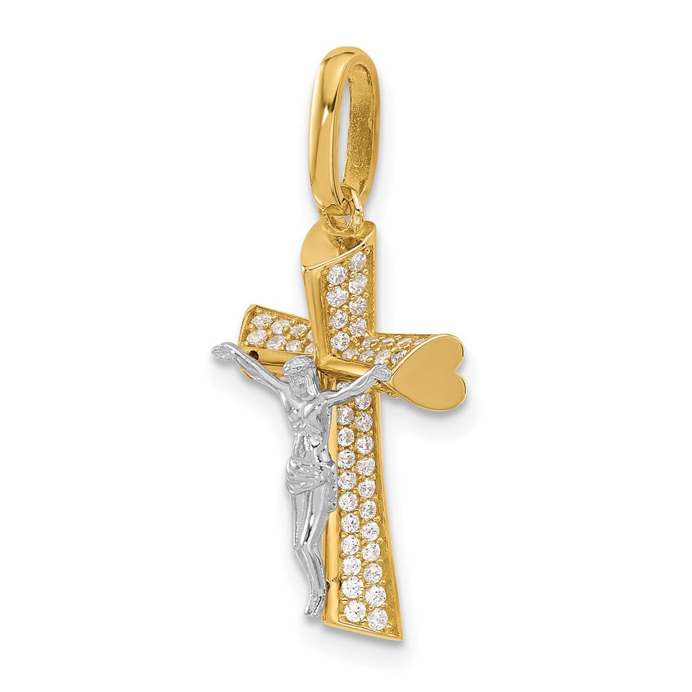 14K Two-tone Polished CZ Crucifix with Heart Ends Pendant (1.82 grams)