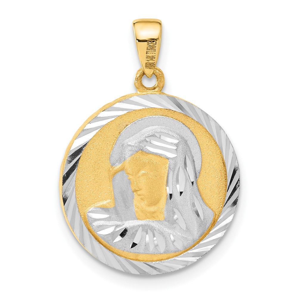 14k Yellow & Rhodium 17.7 mm Satin and D/C Reversible Mary / Jesus Pendant (3.01 grams)