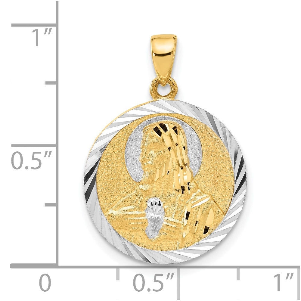 14k Yellow & Rhodium 17.7 mm Satin and D/C Reversible Mary / Jesus Pendant (3.01 grams)