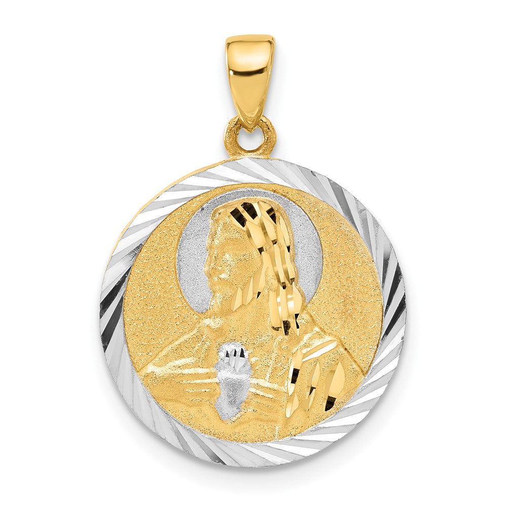 14k Yellow & Rhodium 17.7 mm Satin and D/C Reversible Mary / Jesus Pendant (3.01 grams)