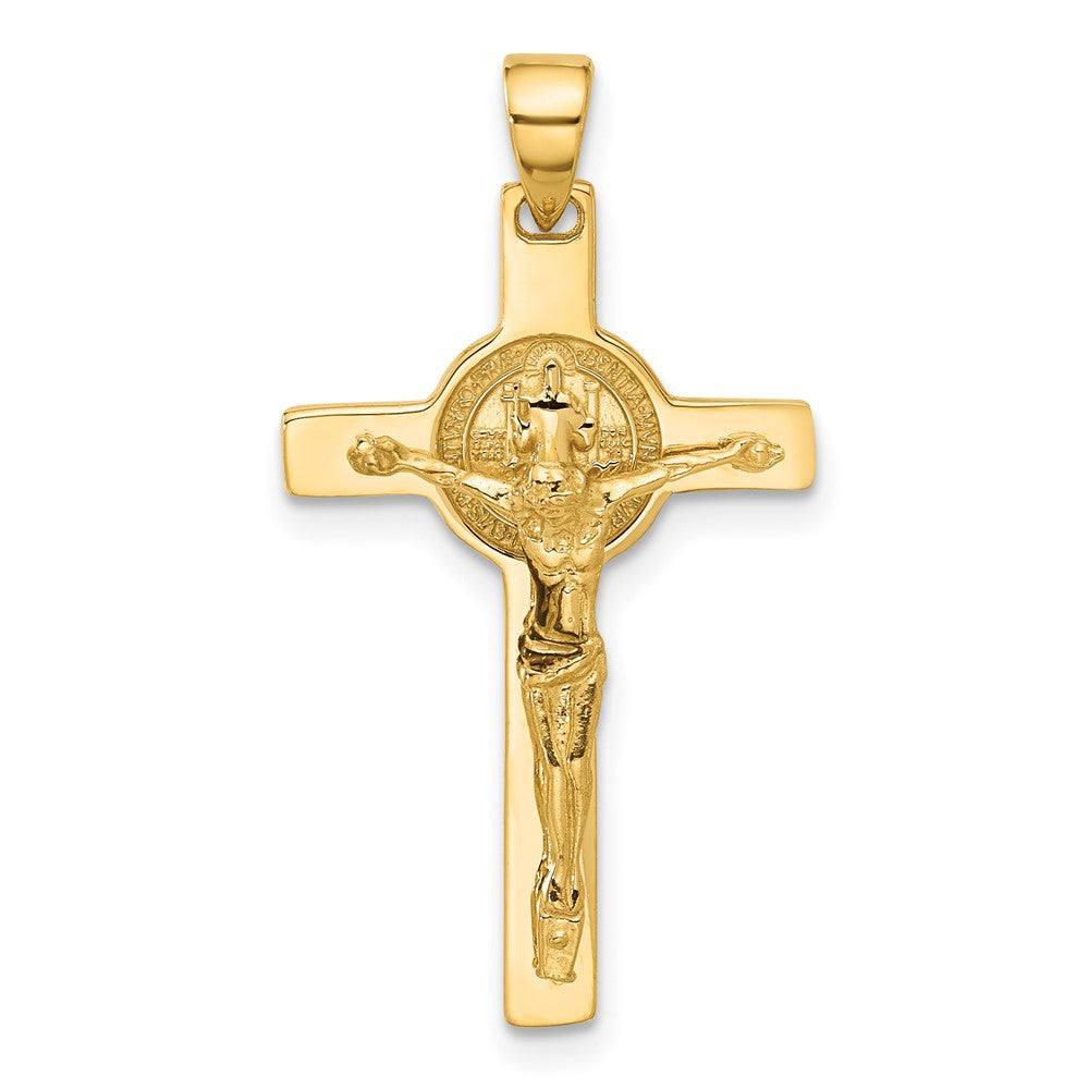 14k Yellow Gold 17 mm Polished Jesus Crucifix and St Benedict Pendant