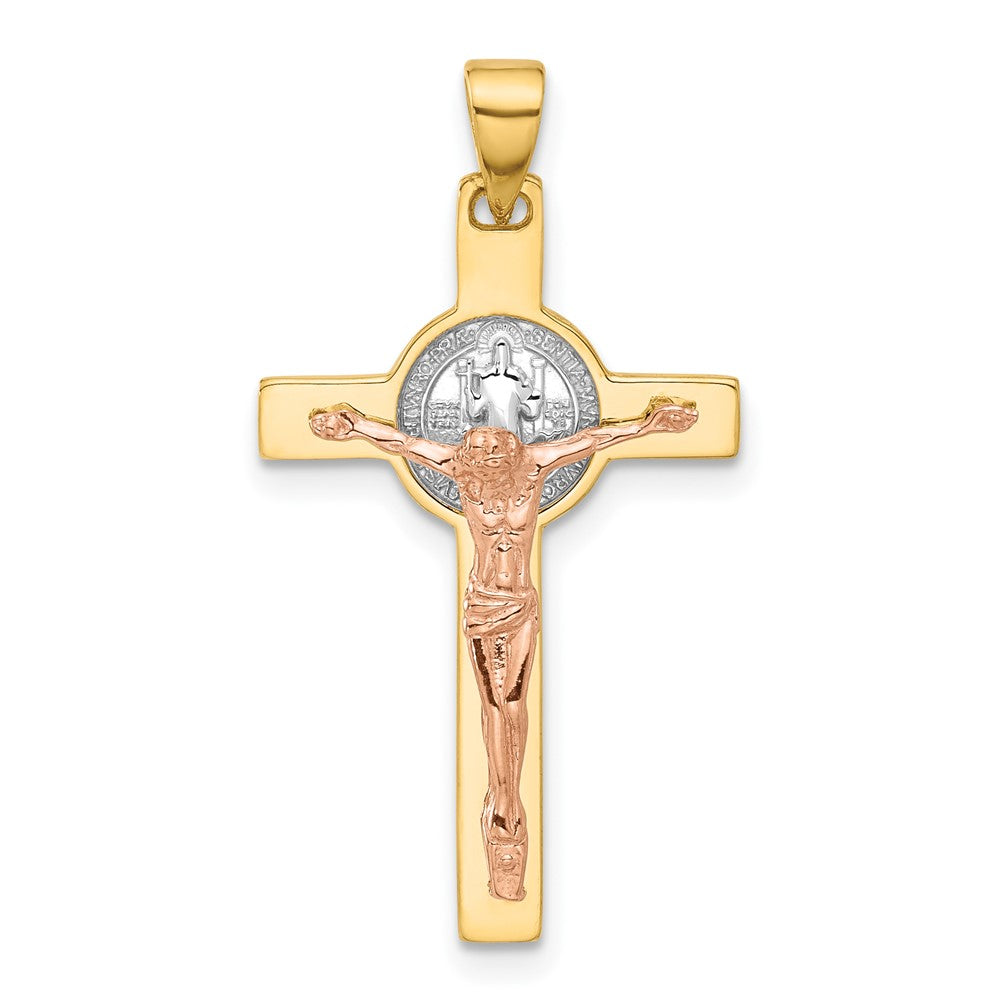 14k Two-tone 17 mm  Jesus Crucifix and St Benedict Pendant