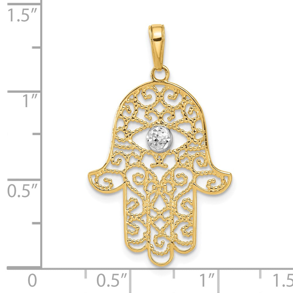 14k Yellow & Rhodium 21.7 mm D/C Filigree Hamsa Pendant (1.69 grams)