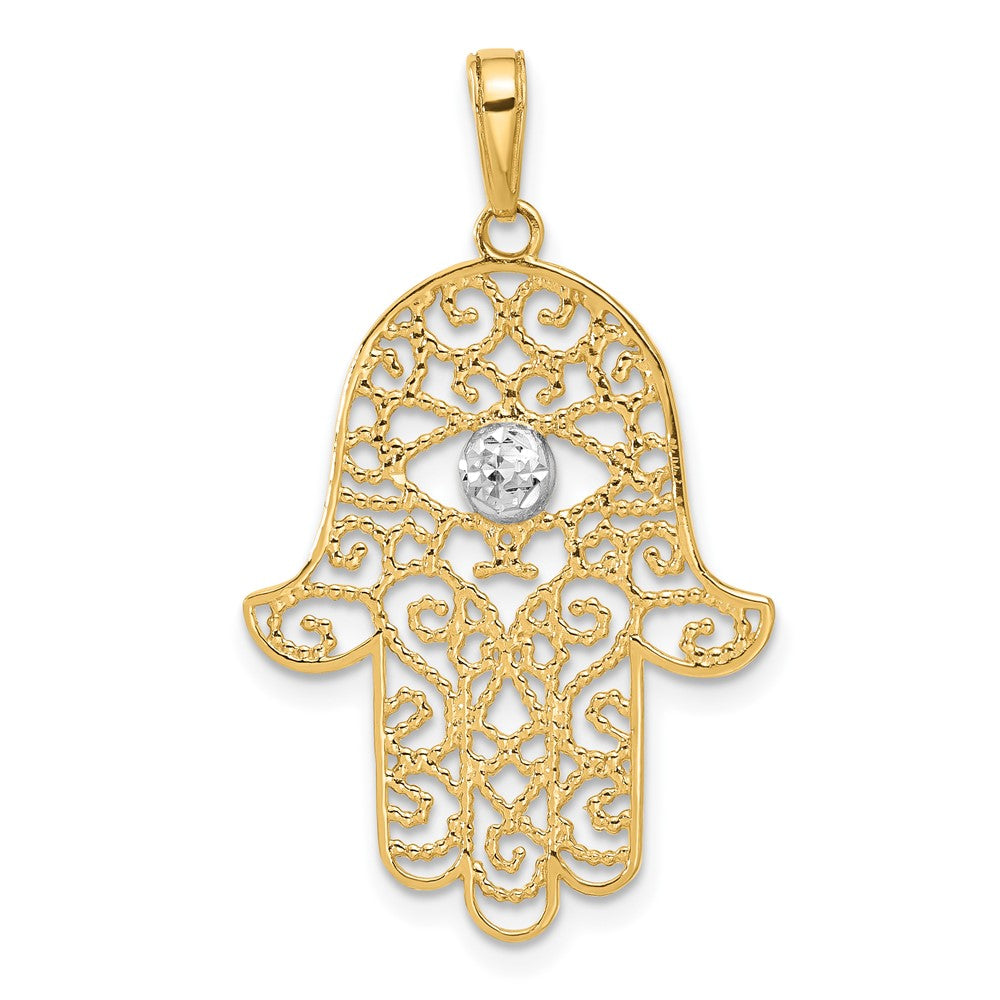 14k Yellow & Rhodium 21.7 mm D/C Filigree Hamsa Pendant (1.69 grams)