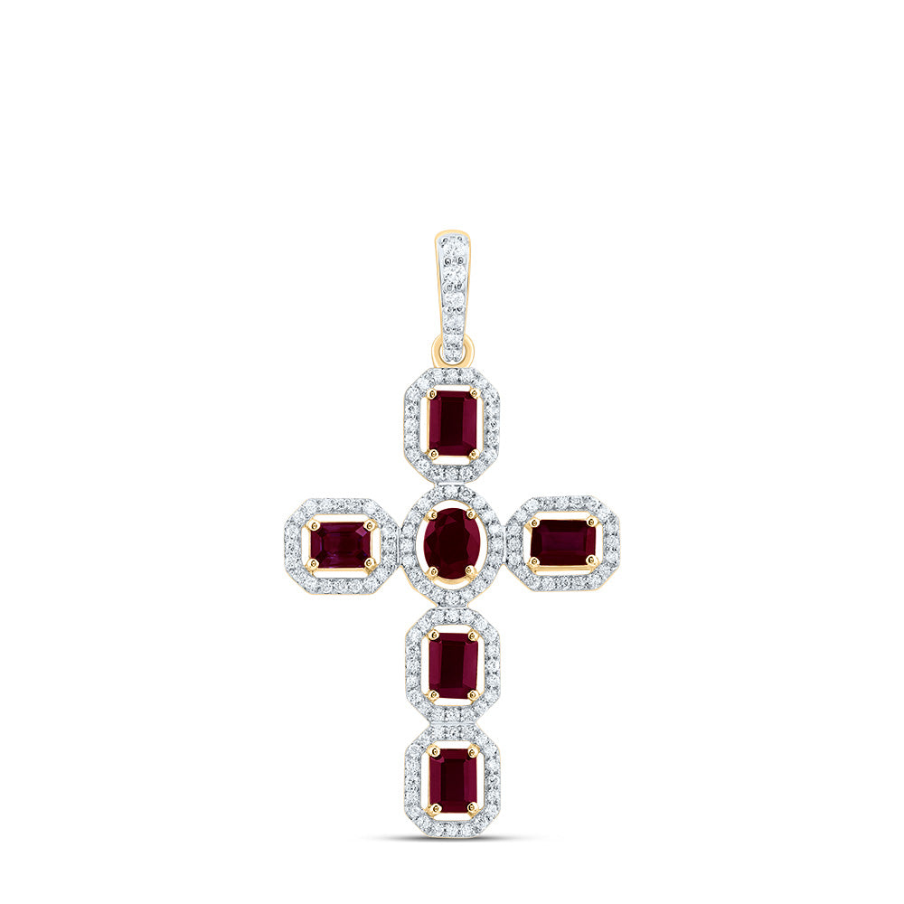 3/8Ctw-Dia Cn 1Ctw-Em-Ru, 5X3Mm-Ov-Ru, Nat Gem Cross Pendant (2.851 grams)