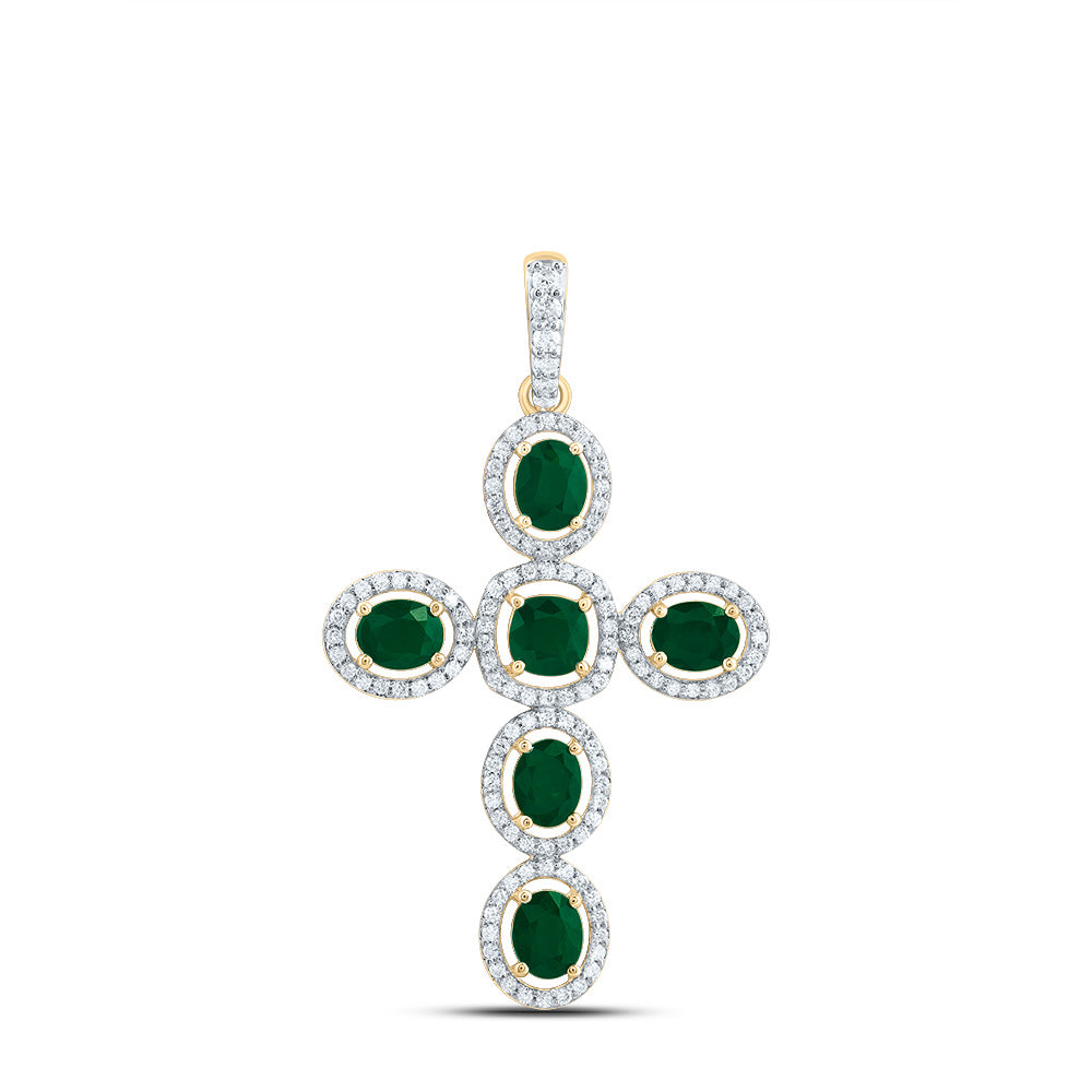 3/8Ctw-Dia Cn 1Ctw-Ov-Em, 4Mm-Cu-Em, Nat Gem Cross Pendant (2.738 grams)