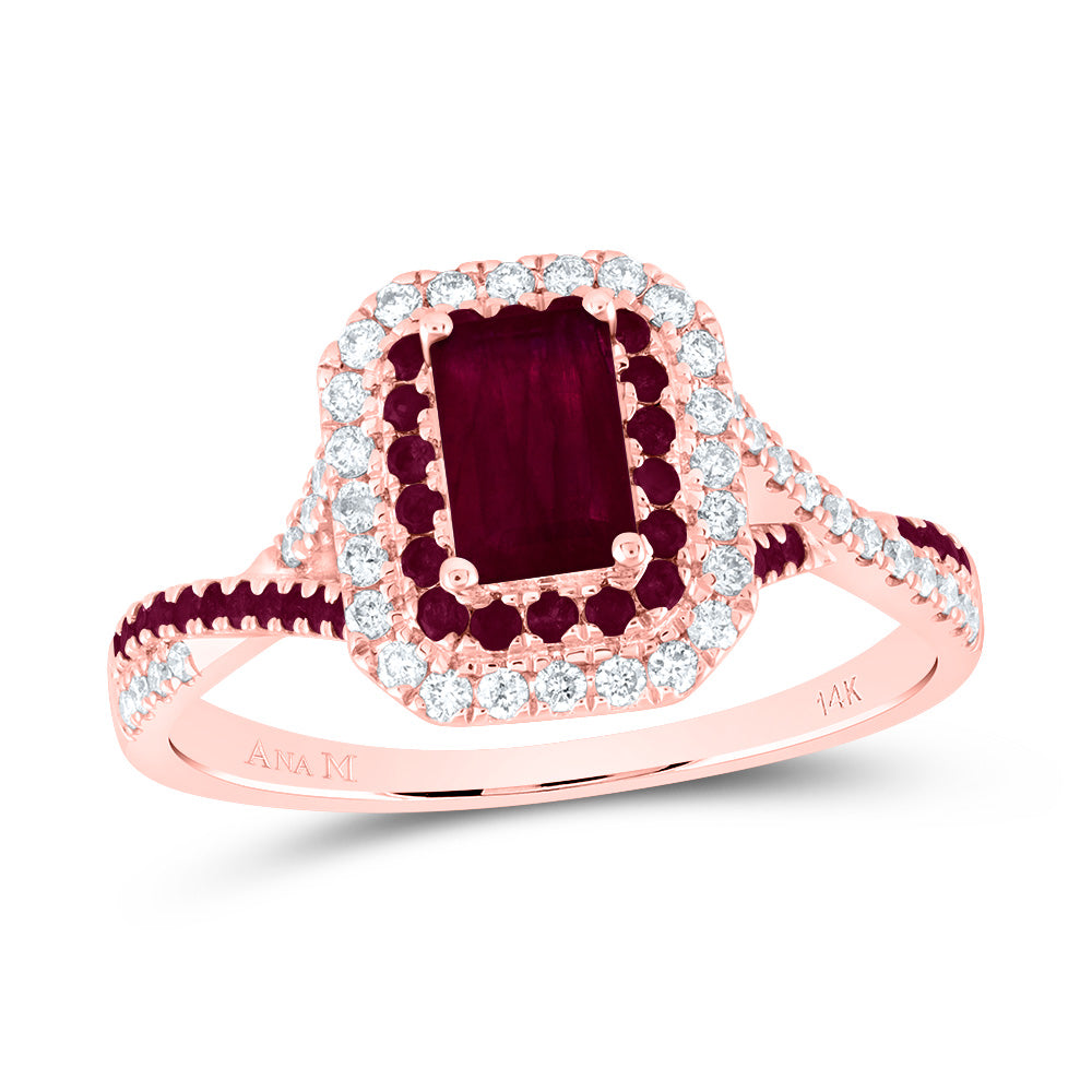 1/5Ctw-Dia Ana M 1/5Ctw-Rd-Ru 6X4Mm Em-Ru Nat Gem Double Halo Bridal Ring (2.79 grams)