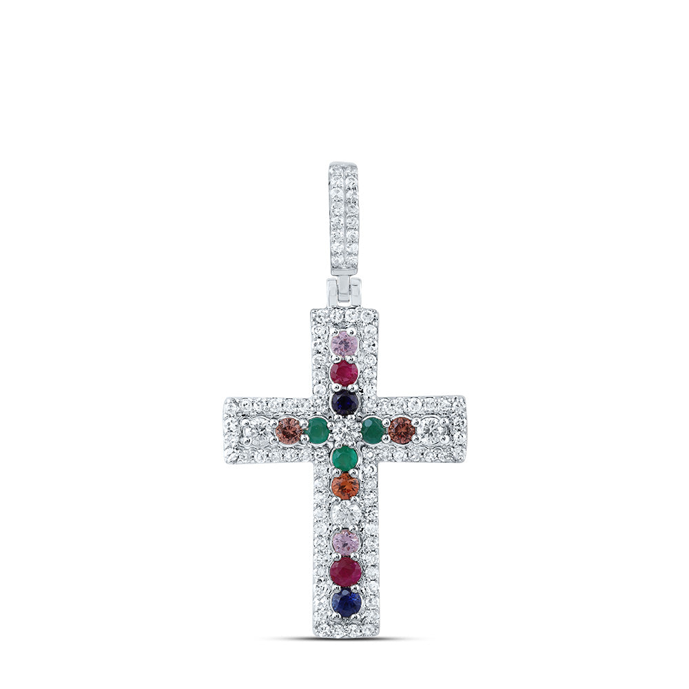 1/3Ctw-Nat Dia Cn 1/3Ctw Rd-Nat Gem Multi Clr Sapphire Cross Pendant (1.74 grams)