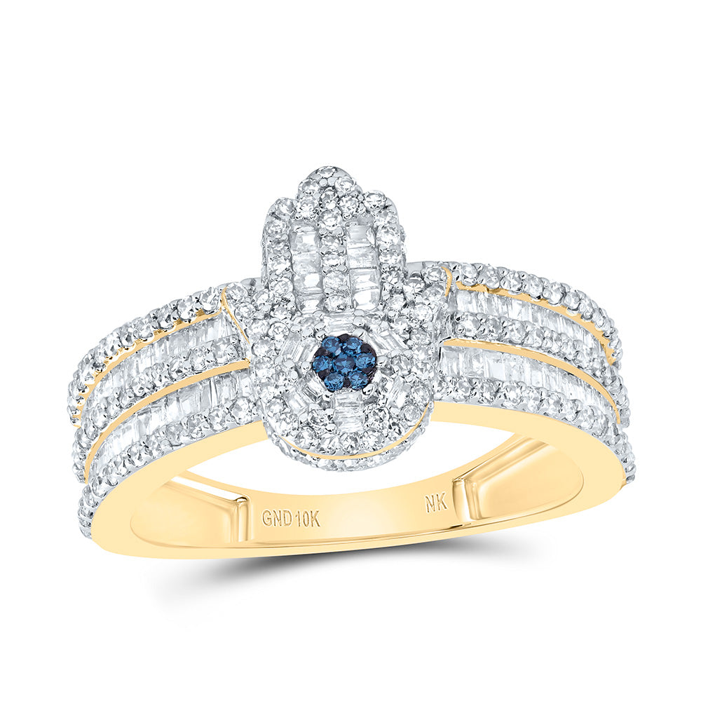 1 Ctw-Diamond Fashion Blue-Diamond Hamsa Ring (3.68 grams)