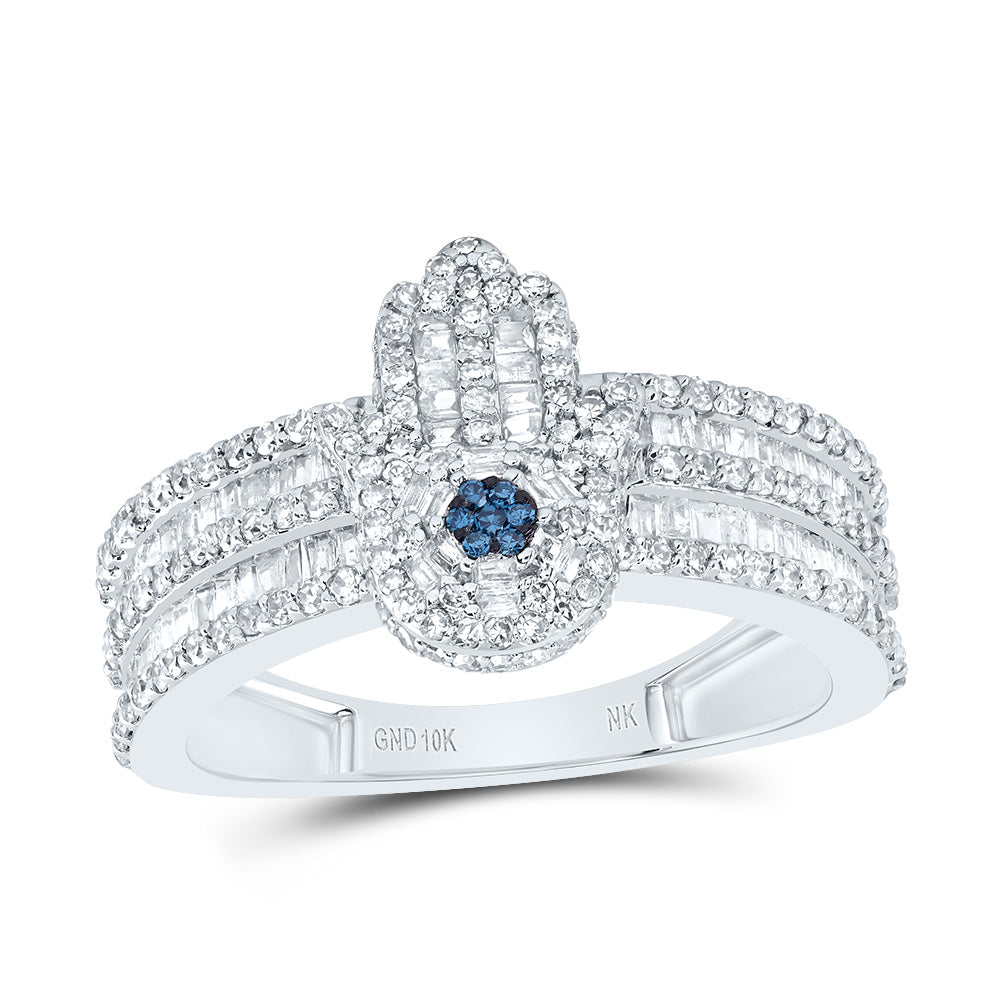 1 Ctw- Nat Dia Fashion Blue-Diamond Hamsa Ring (4.01 grams)