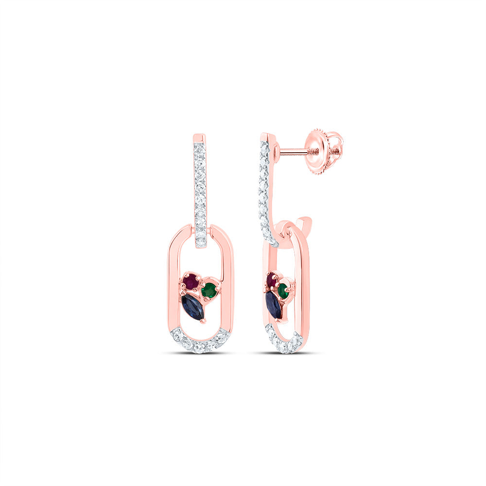 1/10Ctw-Nat Dia Cn 1.4Mm Rd-Ru/Em, 3X2Mm Mq-Bs Nat Gem Paper Clip Dangling Earring