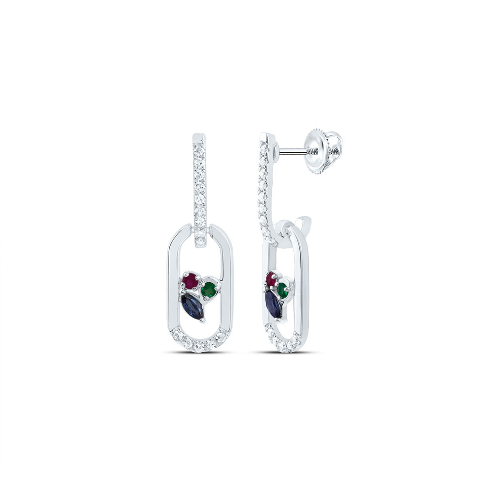 1/10Ctw-Nat Dia Cn 1.4Mm Rd-Ru/Em, 3X2Mm Mq-Bs Nat Gem Paper Clip Dangling Earring