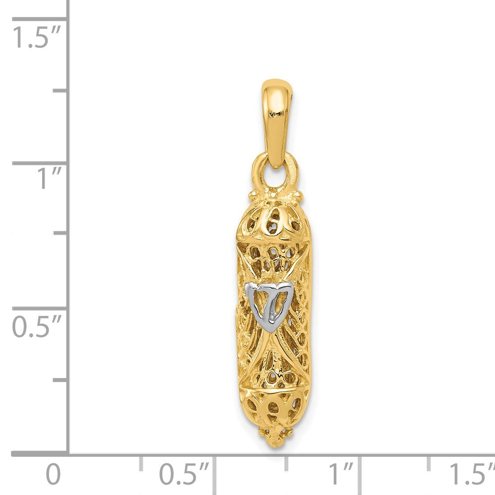 14k Yellow & Rhodium 7 mm Mezuzah W/Shin Charm (2.34 grams)