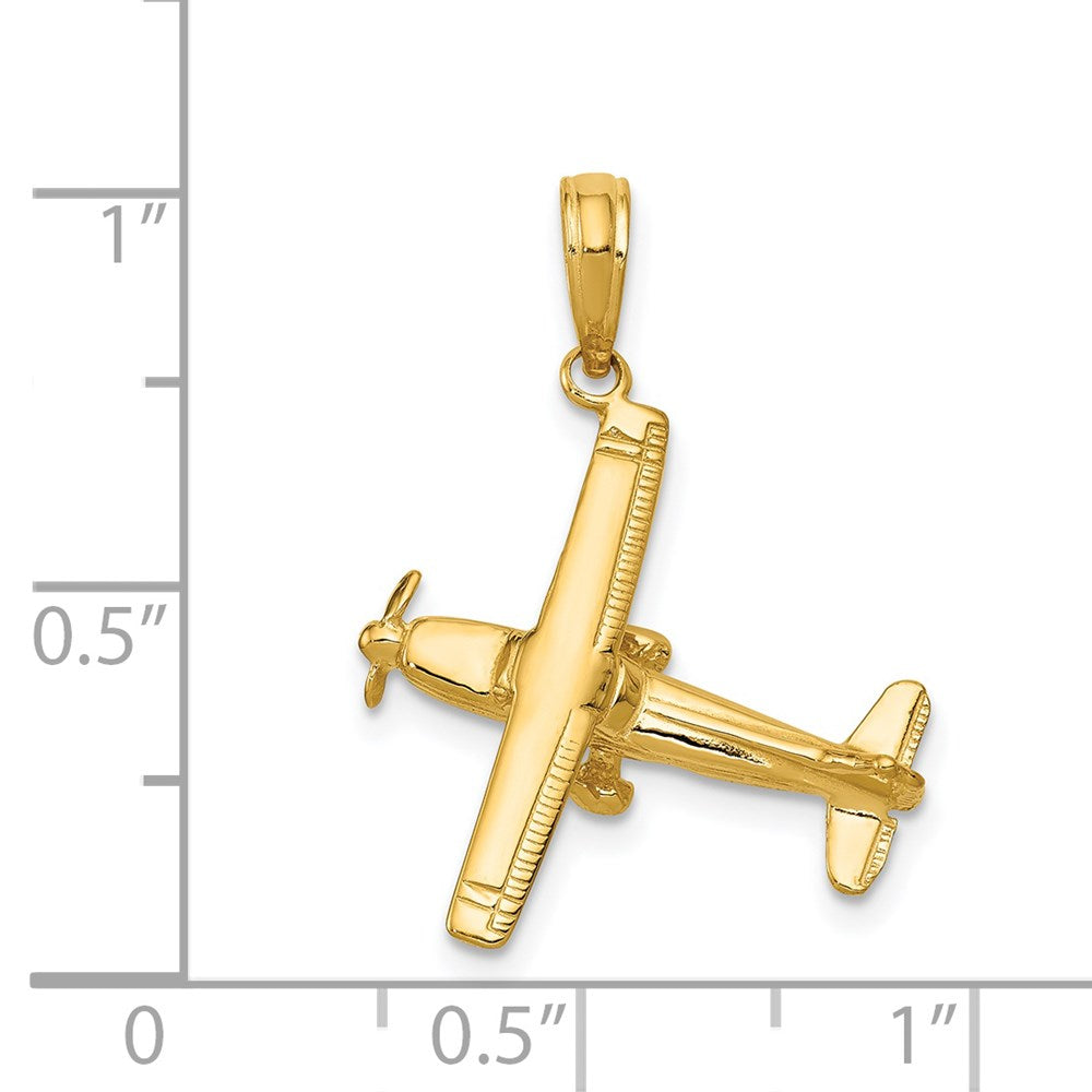 14k Yellow Gold 19 mm 3-D High-Wing Airplane Pendant (1.75 grams)