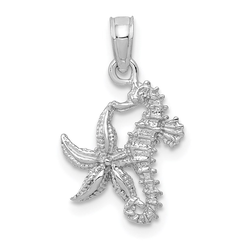14k White Gold 11.5 mm Solid Seahorse and Starfish Pendant (0.9 grams)