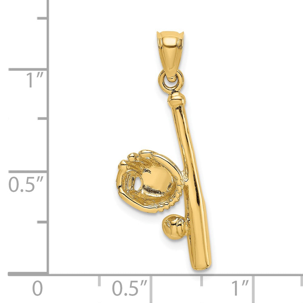 14k Yellow Gold 10.2 mm Solid Open-Backed Glove/Bat/Baseball Charm (1.19 grams)