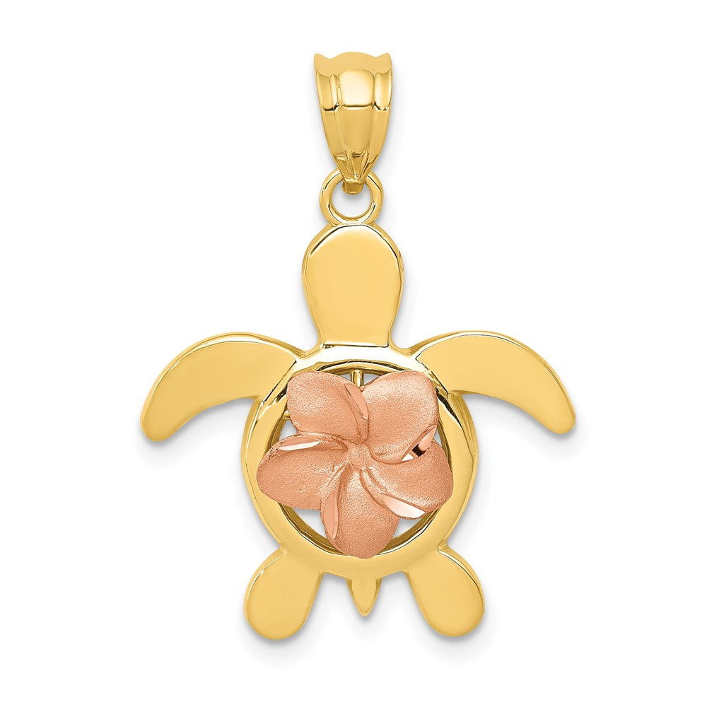 14k Two-tone 20 mm Diamond-cut Rose Plumeria Turtle Pendant (1.8 grams)