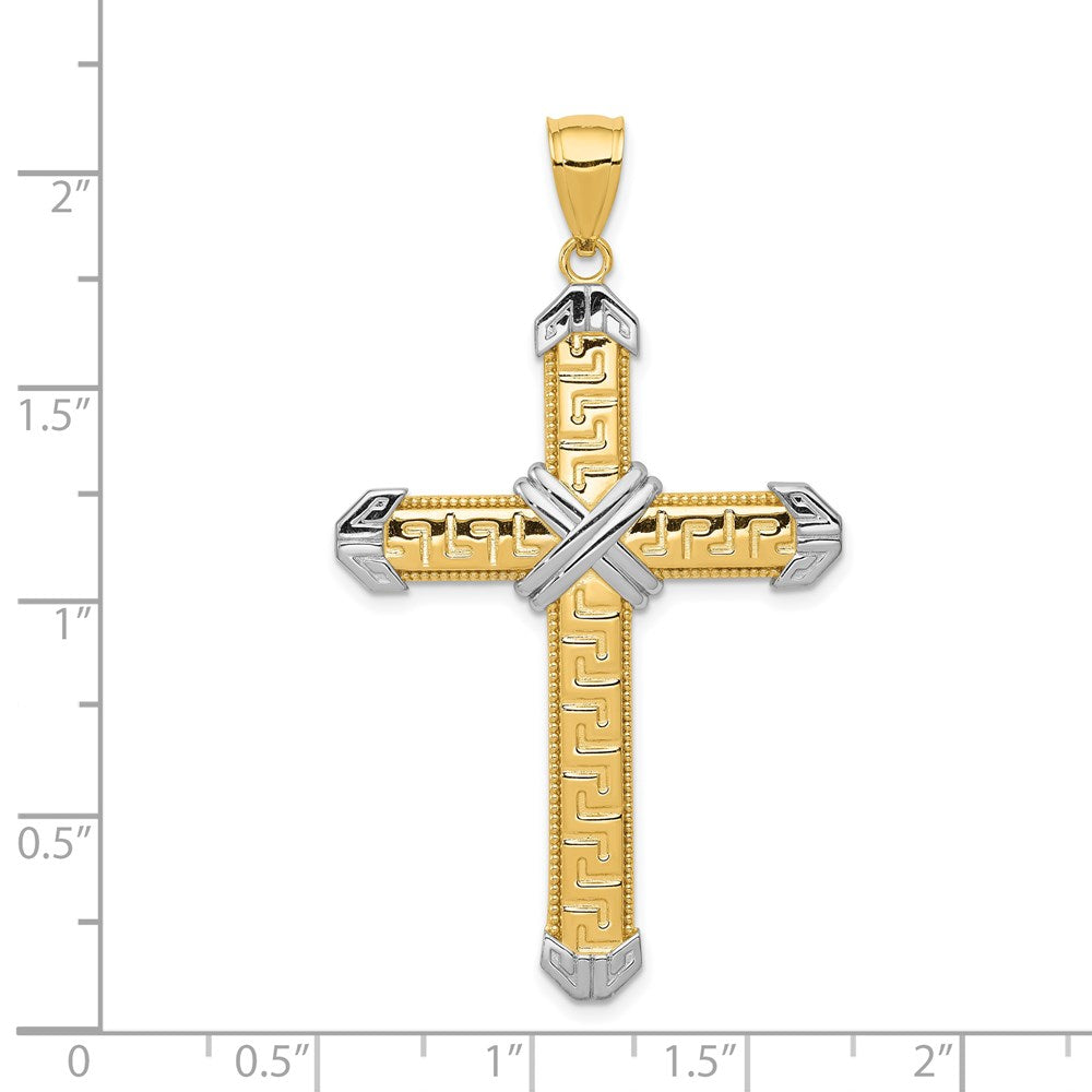 14k Yellow & Rhodium 30 mm Greek Key Cross Pendant (3.15 grams)