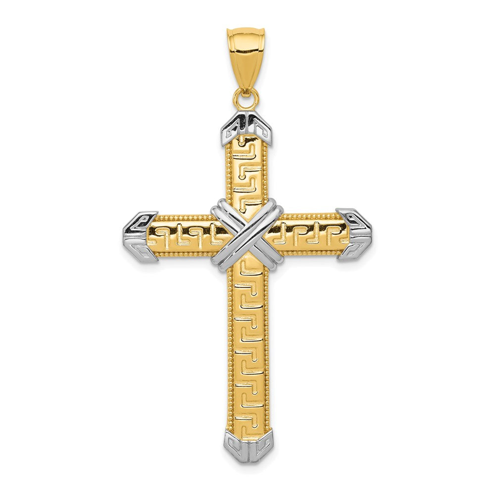 14k Yellow & Rhodium 30 mm Greek Key Cross Pendant (3.15 grams)