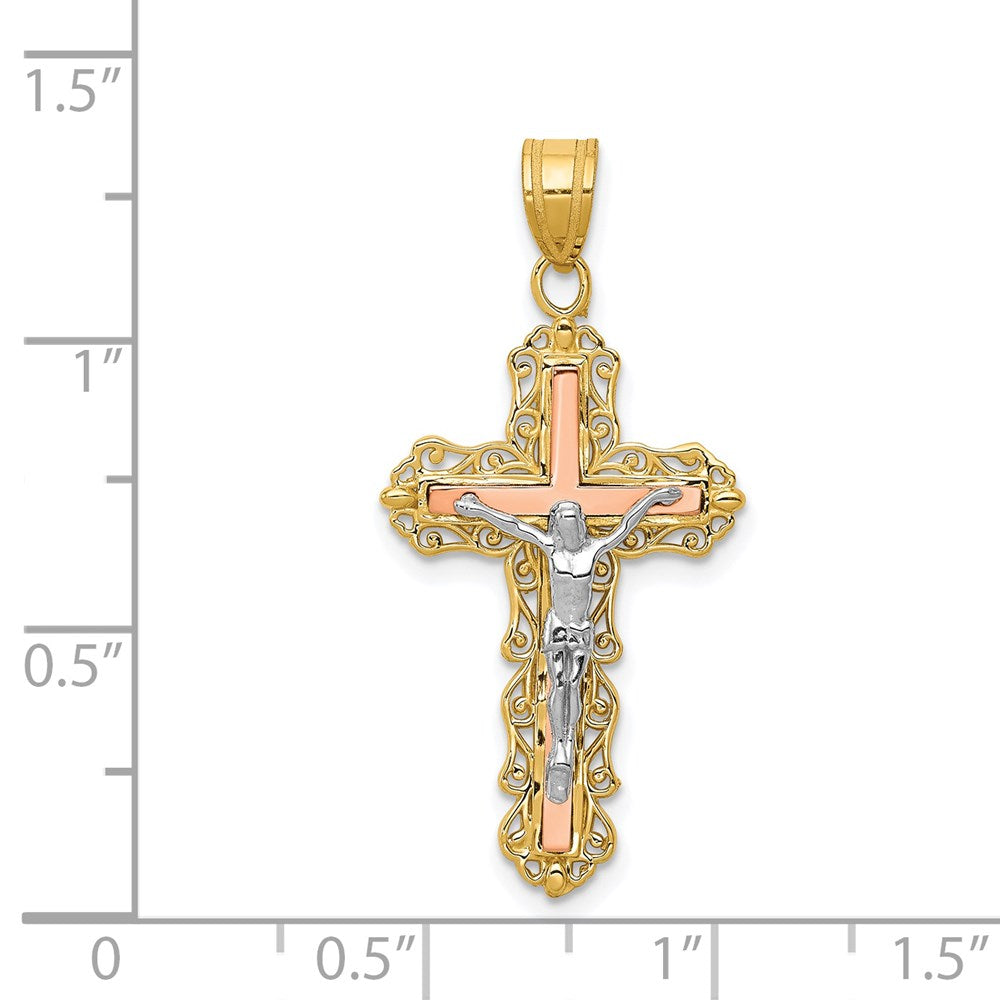 14k Tri-Color 16 mm Tri-color Diamond-cut Jesus Crucifix Pendant (1.59 grams)
