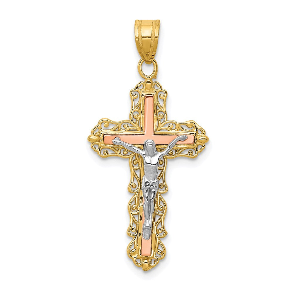 14k Tri-Color 16 mm Tri-color Diamond-cut Jesus Crucifix Pendant (1.59 grams)