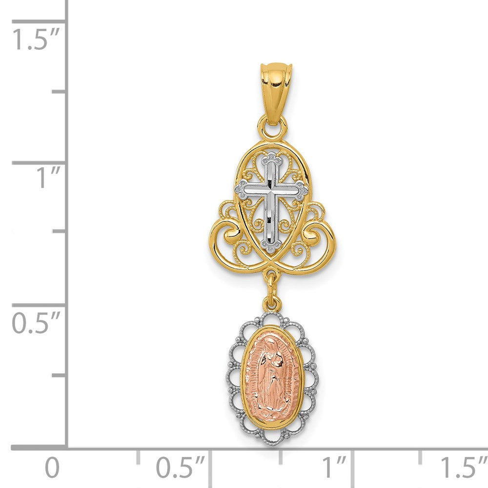 14k Two-tone 11.75 mm Lady Guadalupe Cross Pendant (1.09 grams)