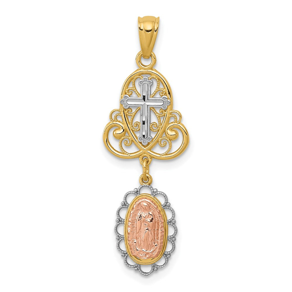 14k Two-tone 11.75 mm Lady Guadalupe Cross Pendant (1.09 grams)