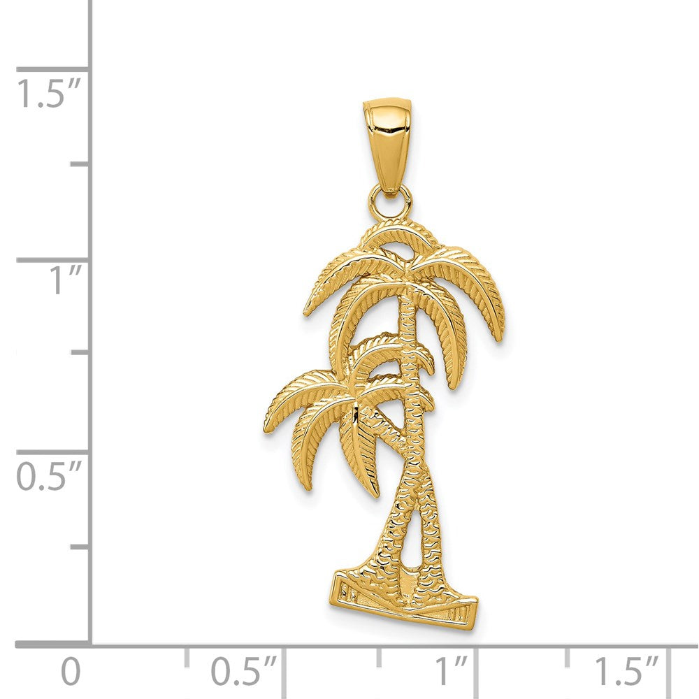 14k Yellow Gold 16 mm Polished / Textured Palm Trees Pendant (2.19 grams)