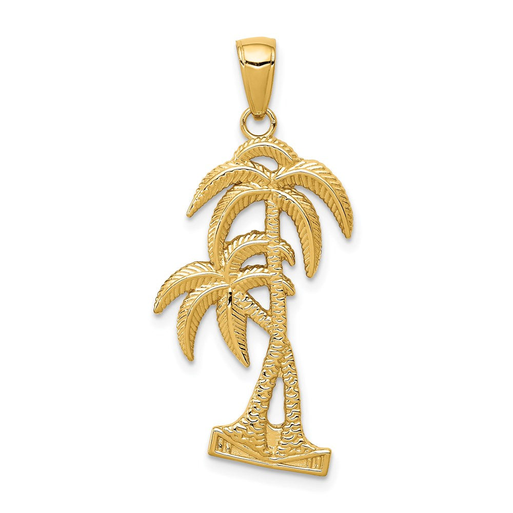 14k Yellow Gold 16 mm Polished / Textured Palm Trees Pendant (2.19 grams)