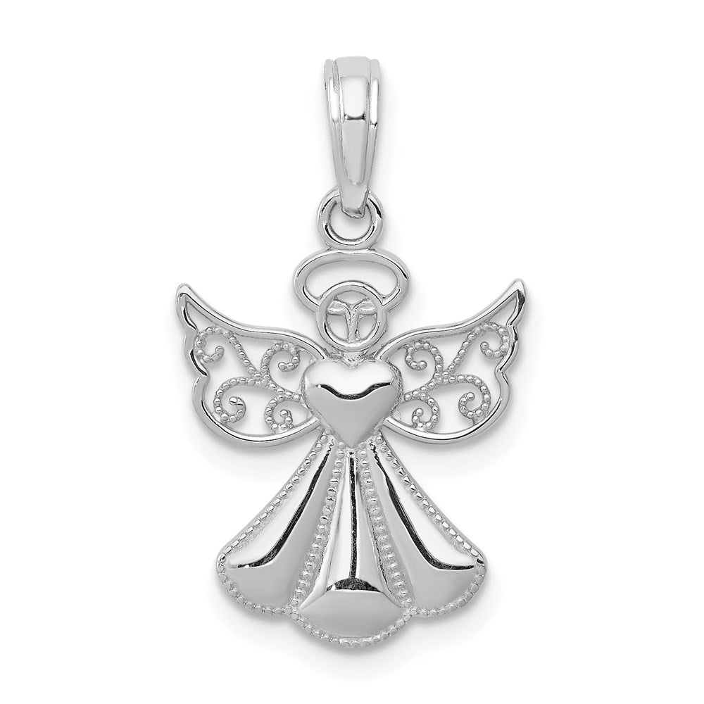 14K White Gold Polished and Textured Guardian Angel with Heart Pendant (1.01 grams)