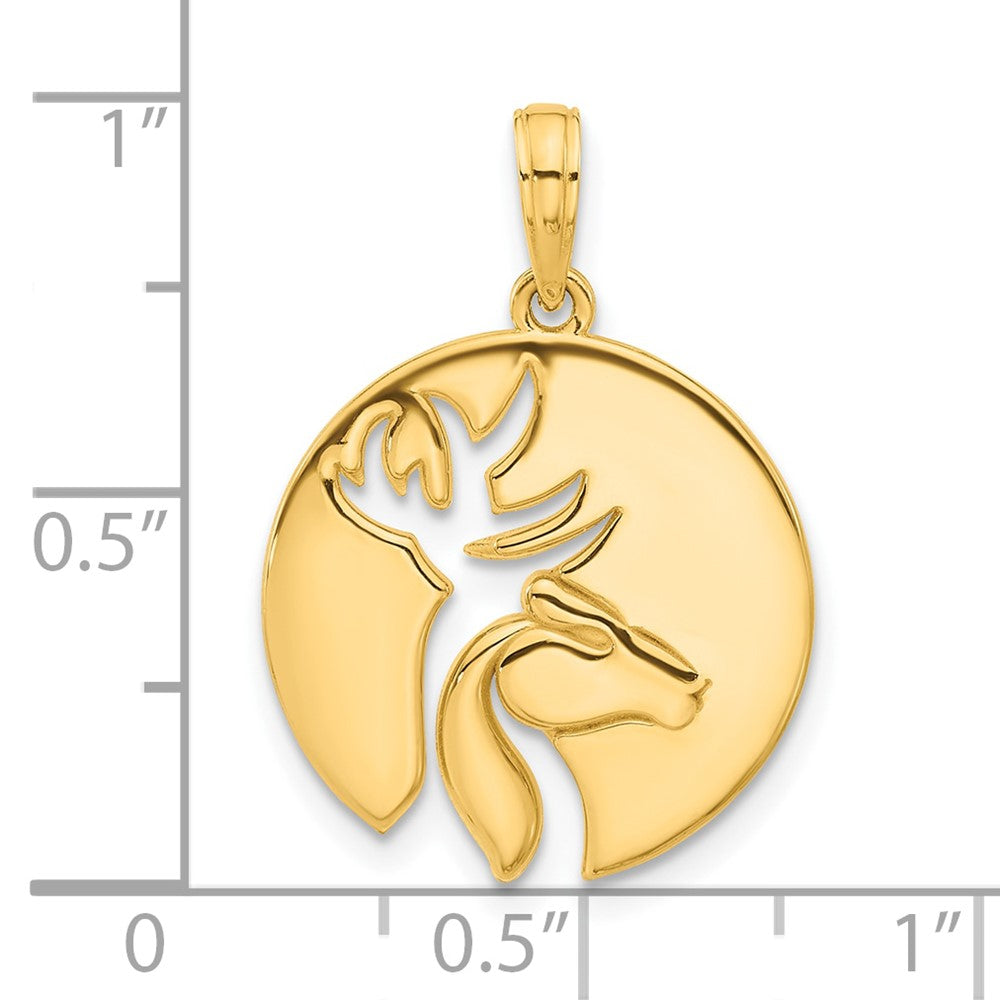 14k Yellow Gold 17.8 mm Polished Cut-out Deer Head Circle Pendant (2.53 grams)
