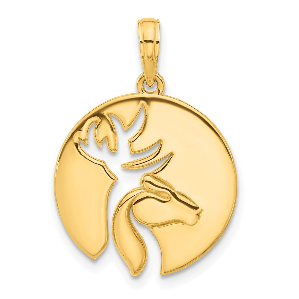14k Yellow Gold 17.8 mm Polished Cut-out Deer Head Circle Pendant (2.53 grams)