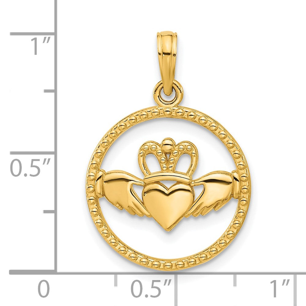 14k Yellow Gold 17.7 mm Polished Circle Claddagh Pendant (1.88 grams)