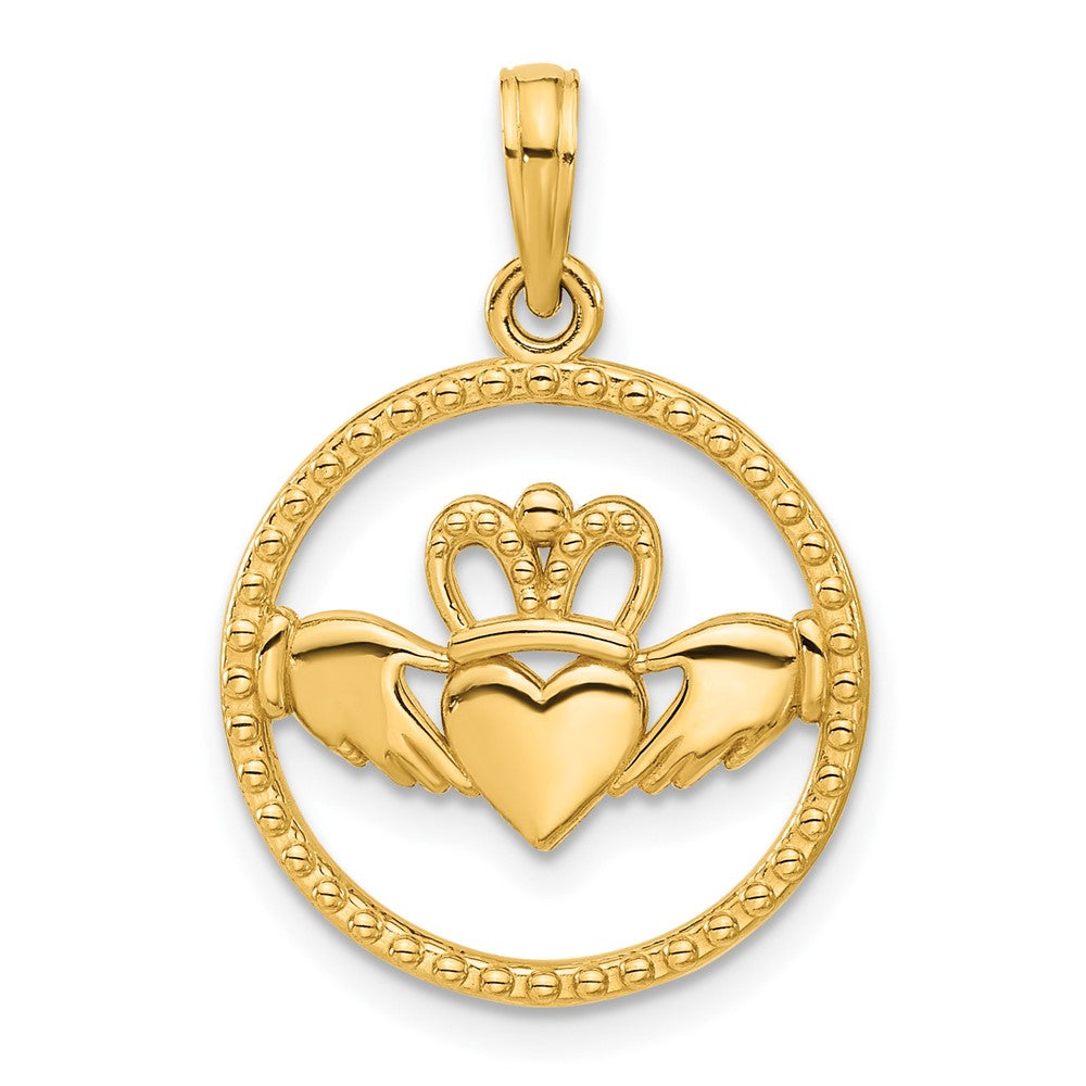14k Yellow Gold 17.7 mm Polished Circle Claddagh Pendant (1.88 grams)