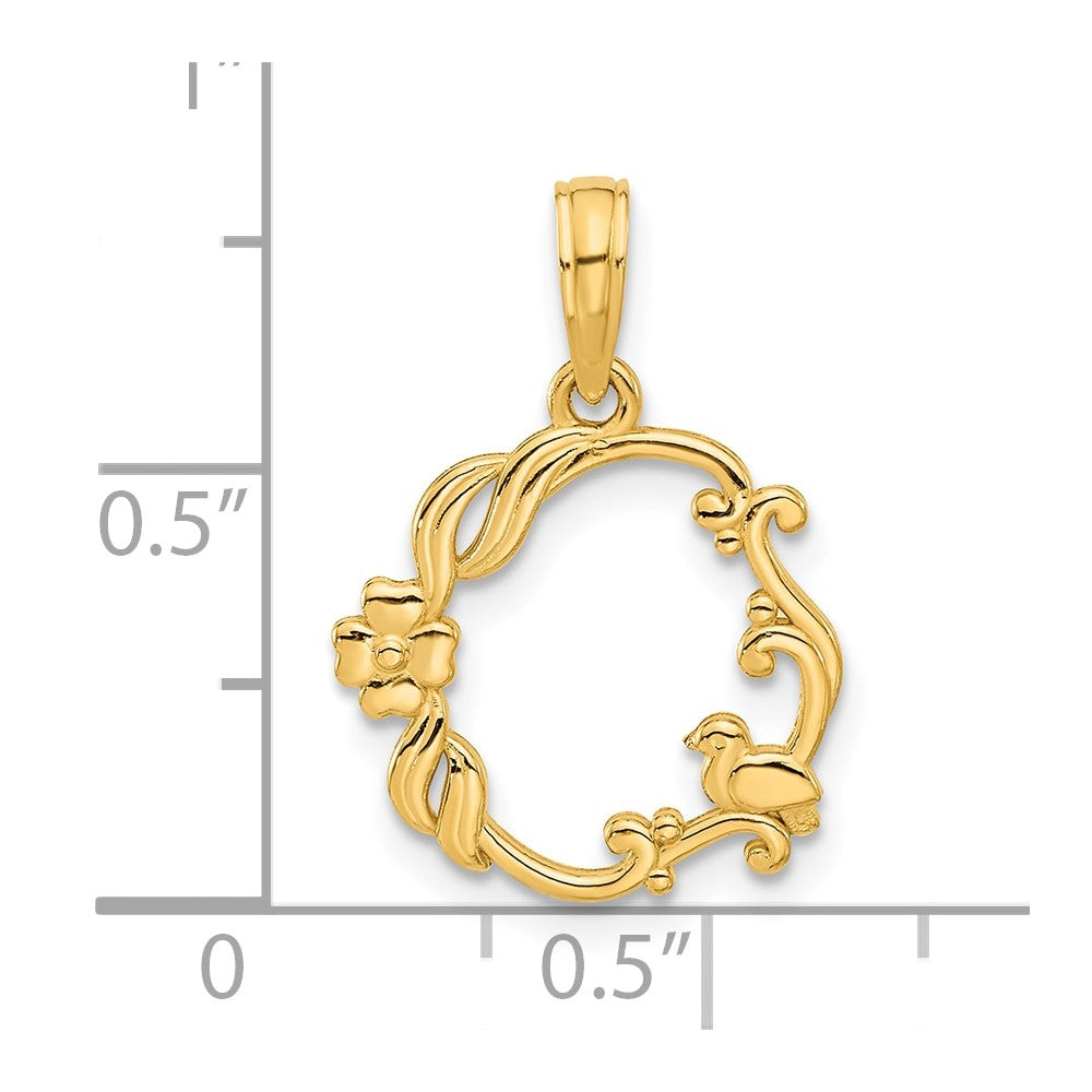 14k Yellow Gold 14.6 mm Polished Floral with Bird Circle Pendant (1.04 grams)