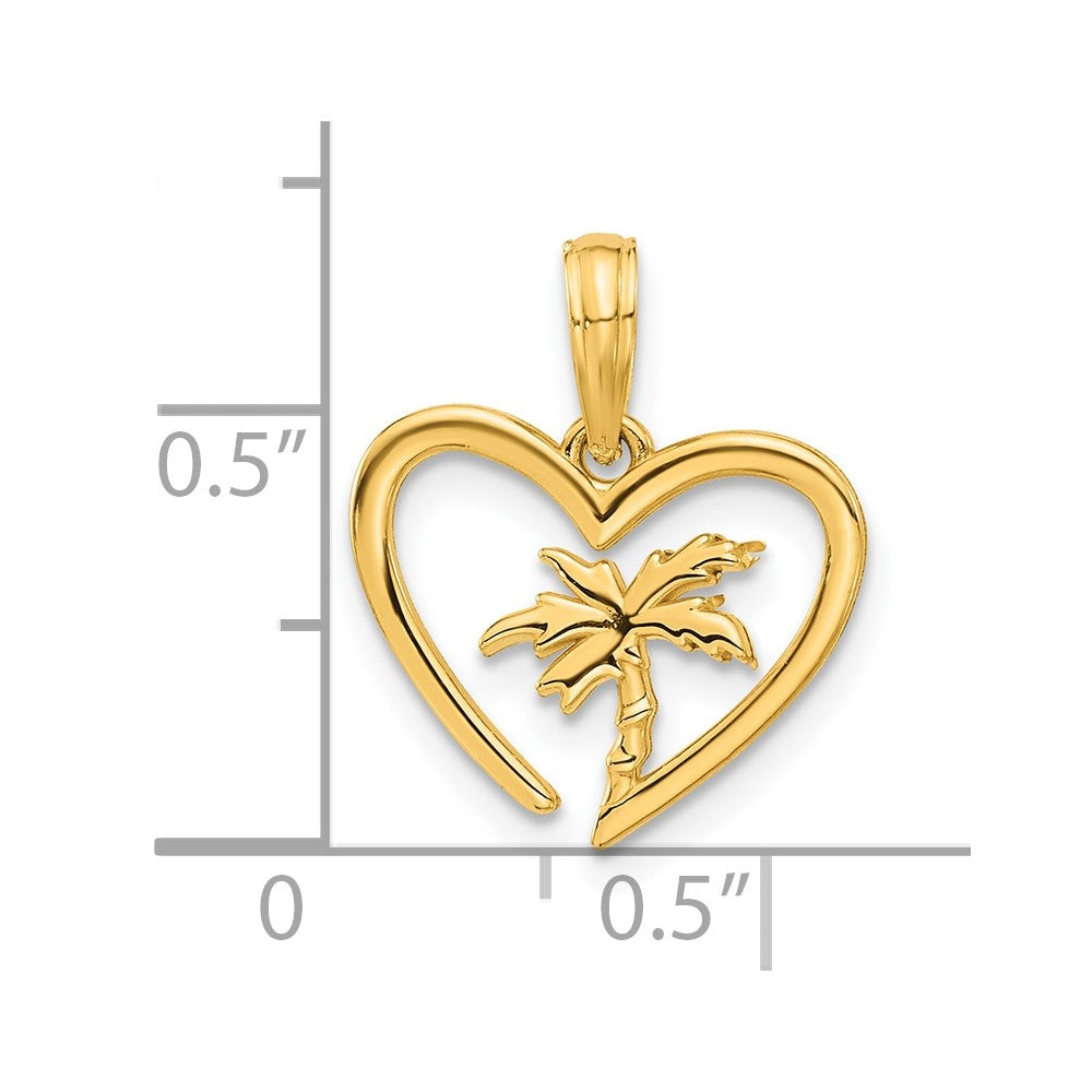 14k Yellow Gold 15 mm Polished Palm Tree In Heart Pendant (1.07 grams)
