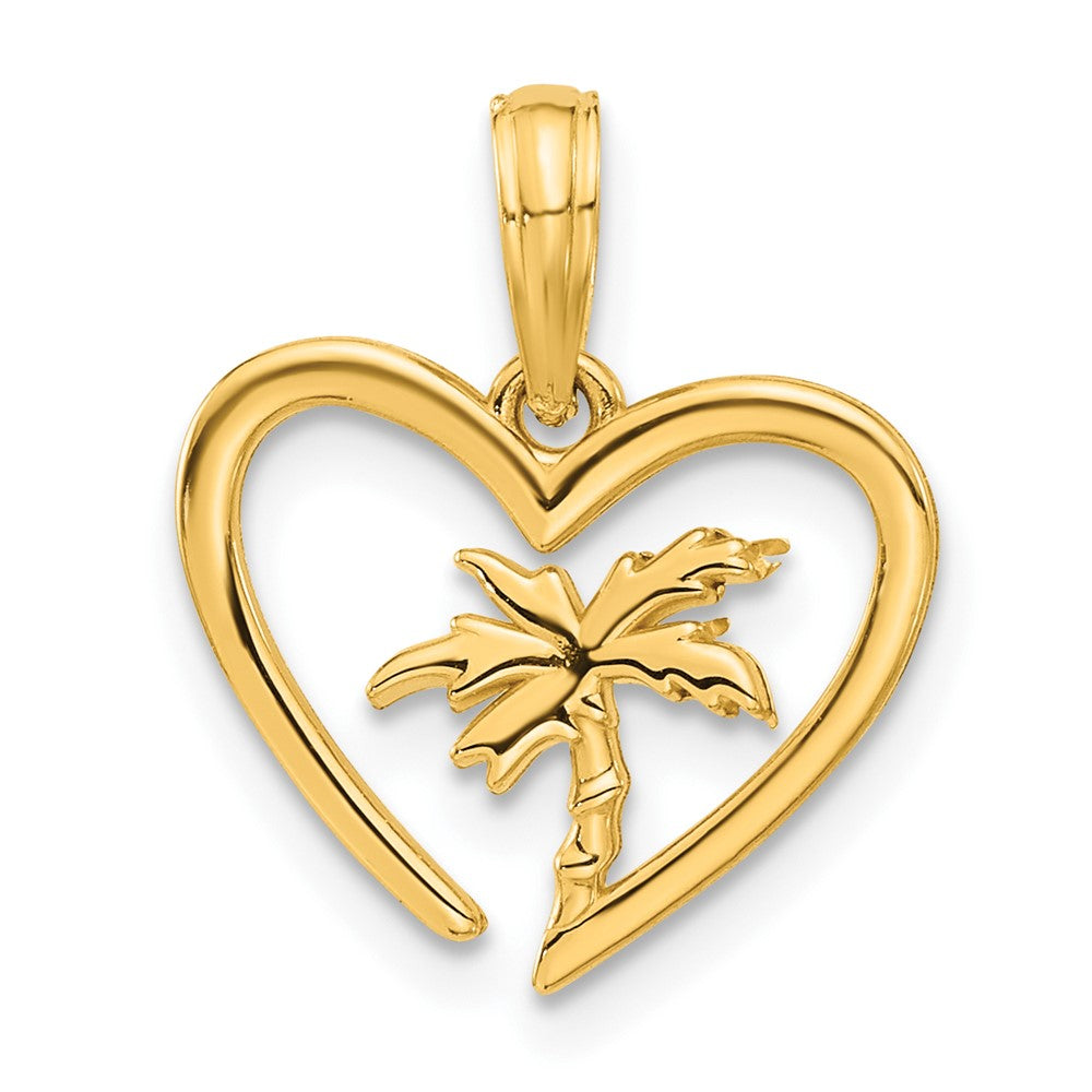 14k Yellow Gold 15 mm Polished Palm Tree In Heart Pendant