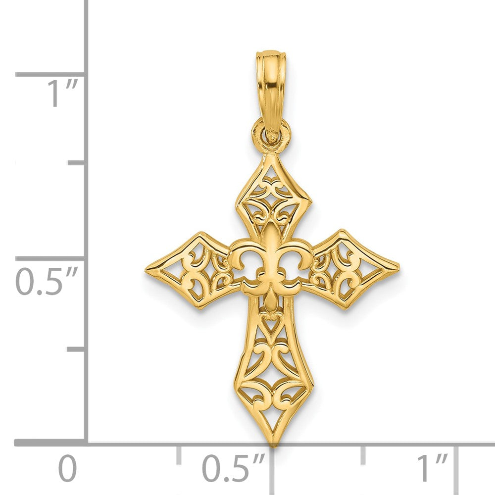 14k Yellow Gold 18.2 mm 14KY Fancy Cross and Fleur-De-Lis Charm (1.53 grams)