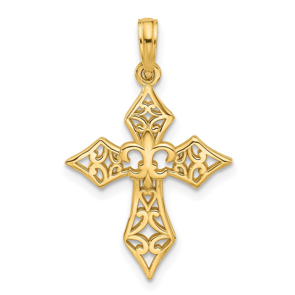 14k Yellow Gold 18.2 mm 14KY Fancy Cross and Fleur-De-Lis Charm (1.53 grams)