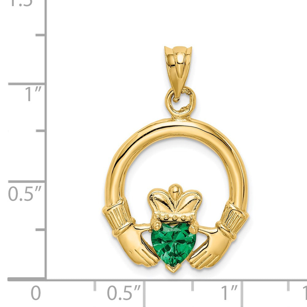 14k Yellow Gold 20 mm Claddagh with Synthetic Green Stone Pendant (2.5 grams)