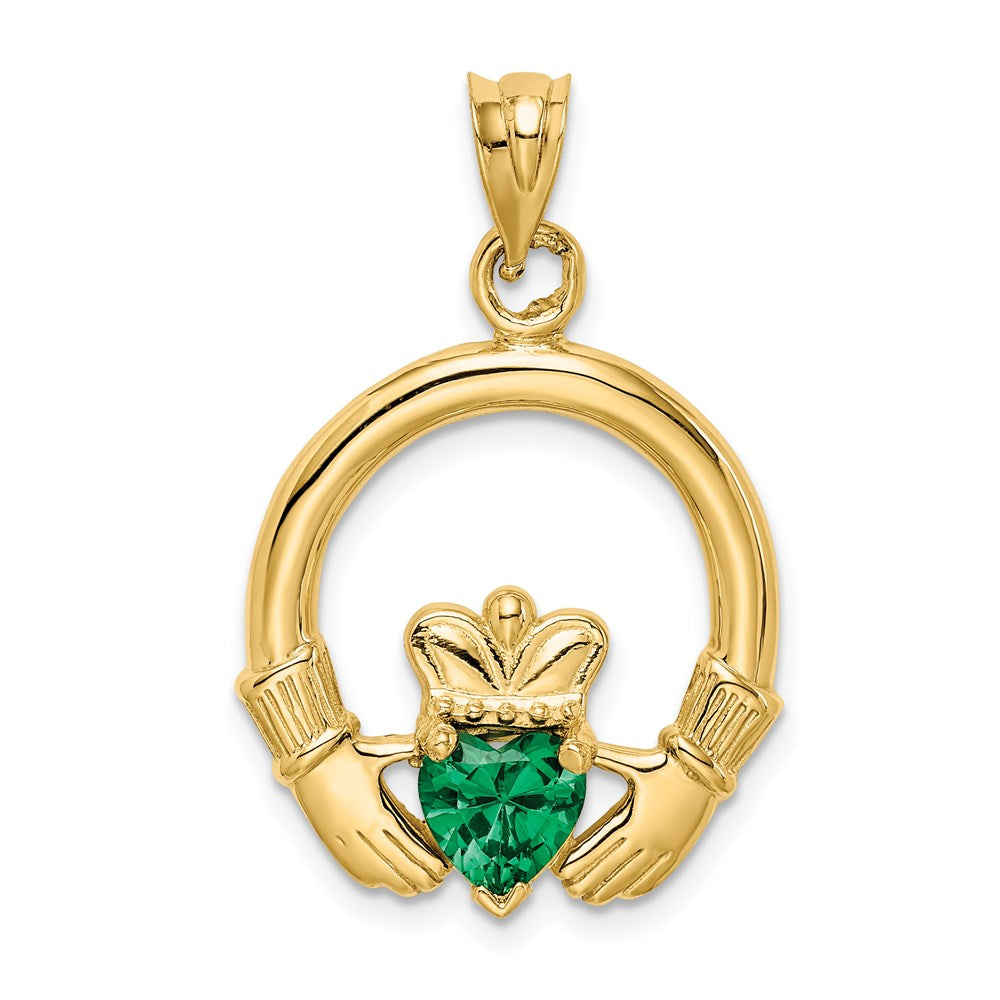 14k Yellow Gold 20 mm Claddagh with Synthetic Green Stone Pendant (2.5 grams)