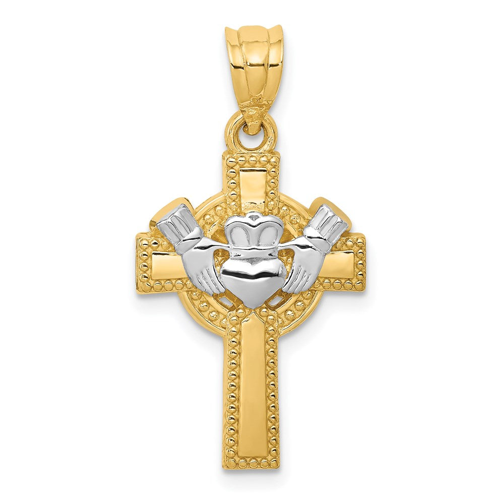 14k Yellow & Rhodium 15 mm Accent Claddagh Cross Pendant (1.53 grams)