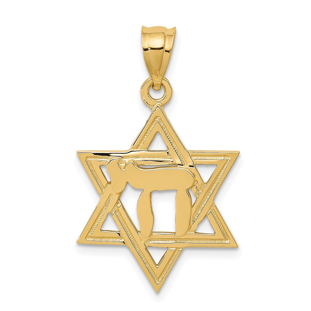 14k Yellow Gold 18 mm Solid Polish Chai in Star of David Charm (1.8 grams)
