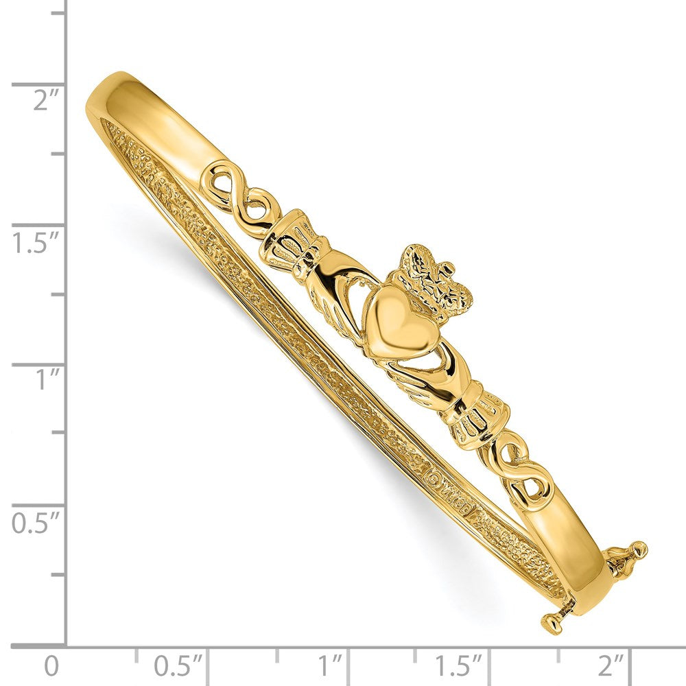 14k Yellow Gold 4 mm Diamond-cut Claddagh Hinged Bangle Bracelet (12.25 grams)